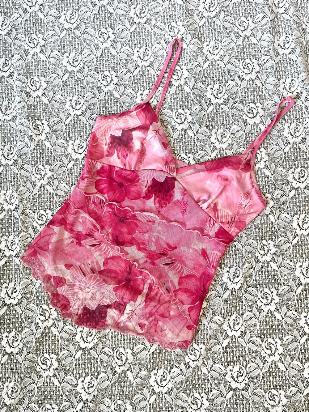 Pink Floral Asymmetrical Frilly Tank Top
